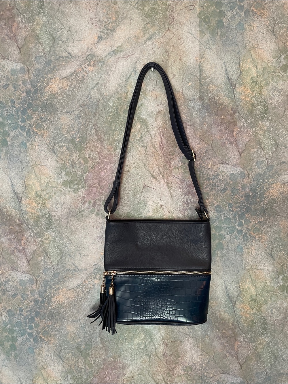 Navy Two-Tone Crossbody Bag with Tassel Accent